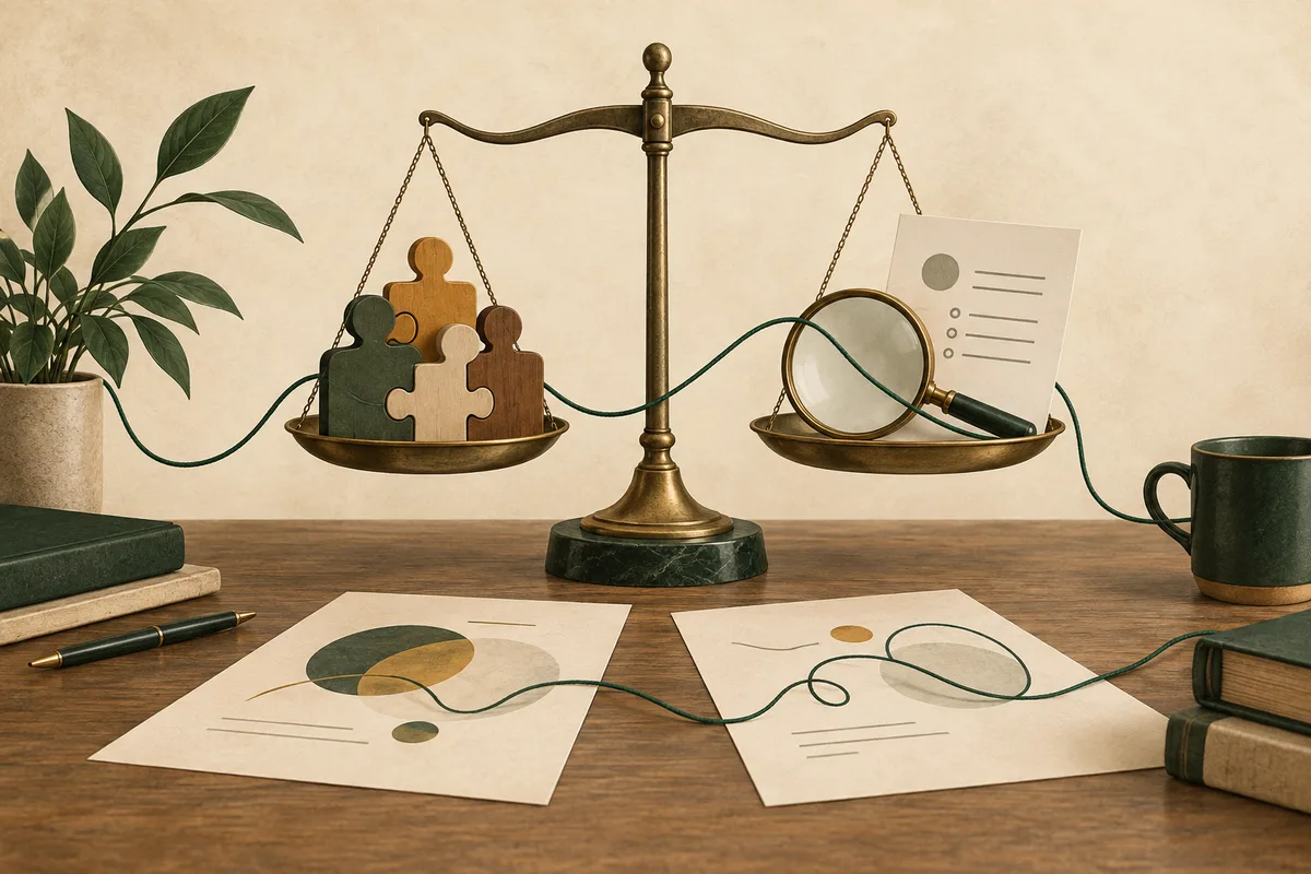 A brass balance scale holds wooden person-shaped pieces on one side and a magnifying glass beside a checklist card on the other, with a green cord linking them.