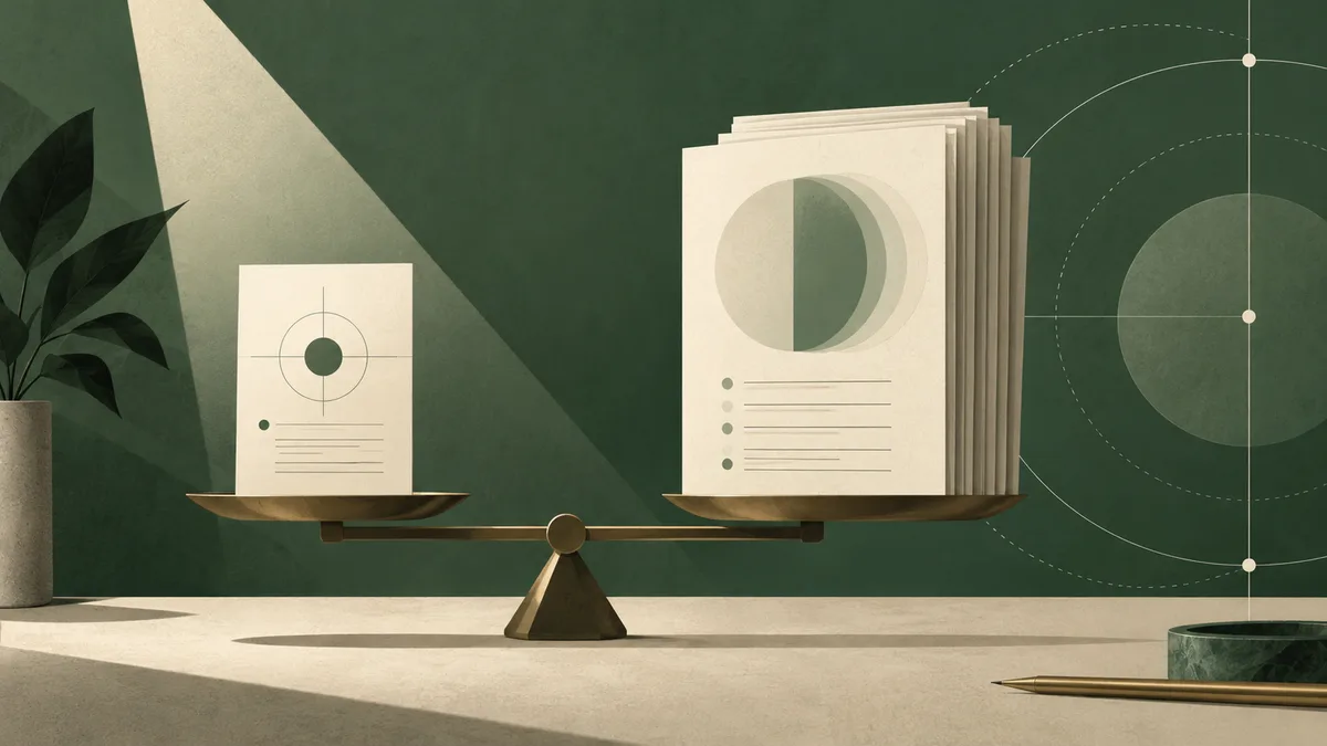 A brass balance holds one small report page on one side and a thick stack of report pages on the other, against a dark green background with circular measurement graphics.