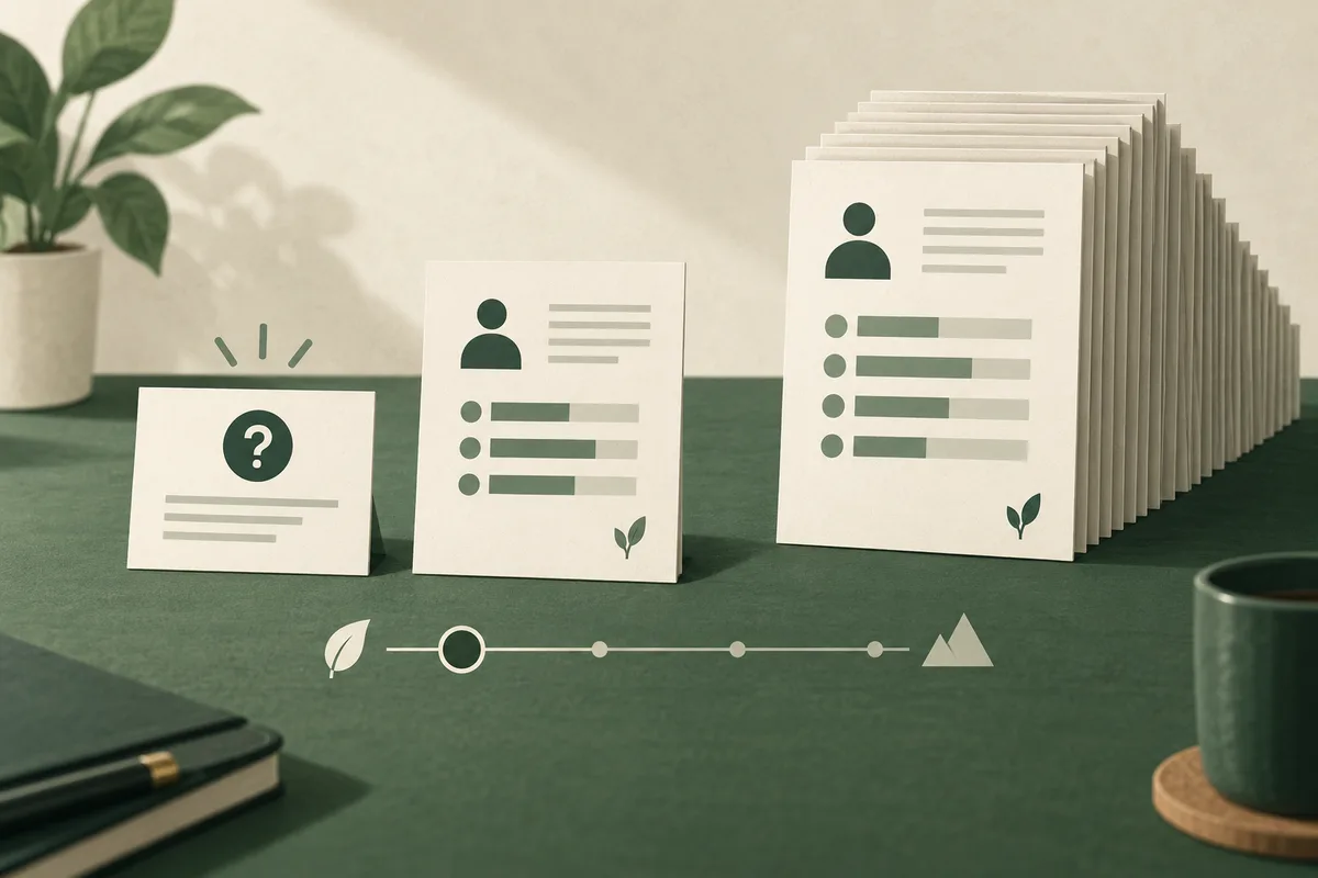 Three cream report cards of increasing length sit on a green table; each has a simple person icon and rows of dots and bars, with a leaf-to-mountain scale below.