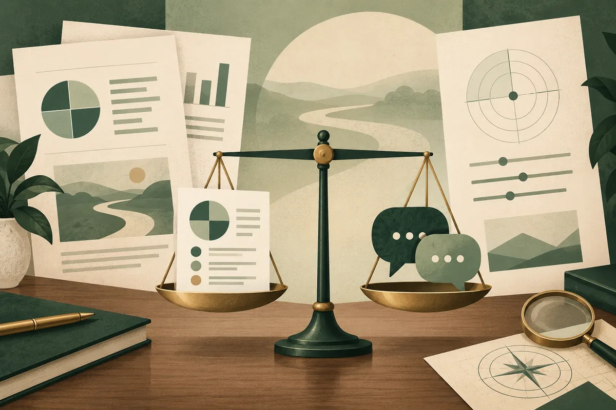 Illustrated reports with charts surround a balance scale, speech bubbles, and a magnifying glass on a desk.