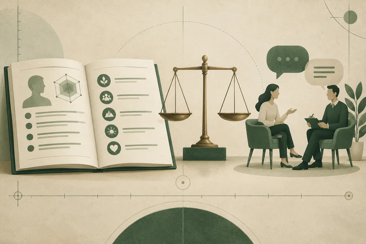 An open illustrated report and balance scale sit beside two seated people talking.