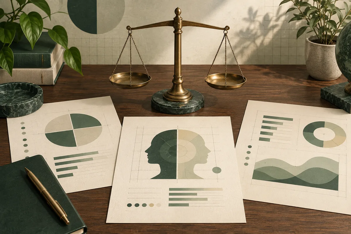 Brass balance scale behind three abstract report sheets with pie charts, bars, waves, and a two-tone profile silhouette on a wooden desk.