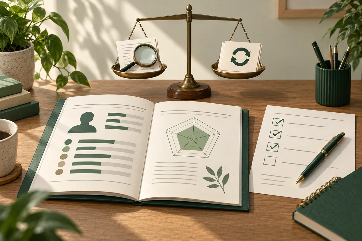 Brass balance scale holding a magnifying glass and a circular-arrow symbol above an open report notebook, checklist, and pen.