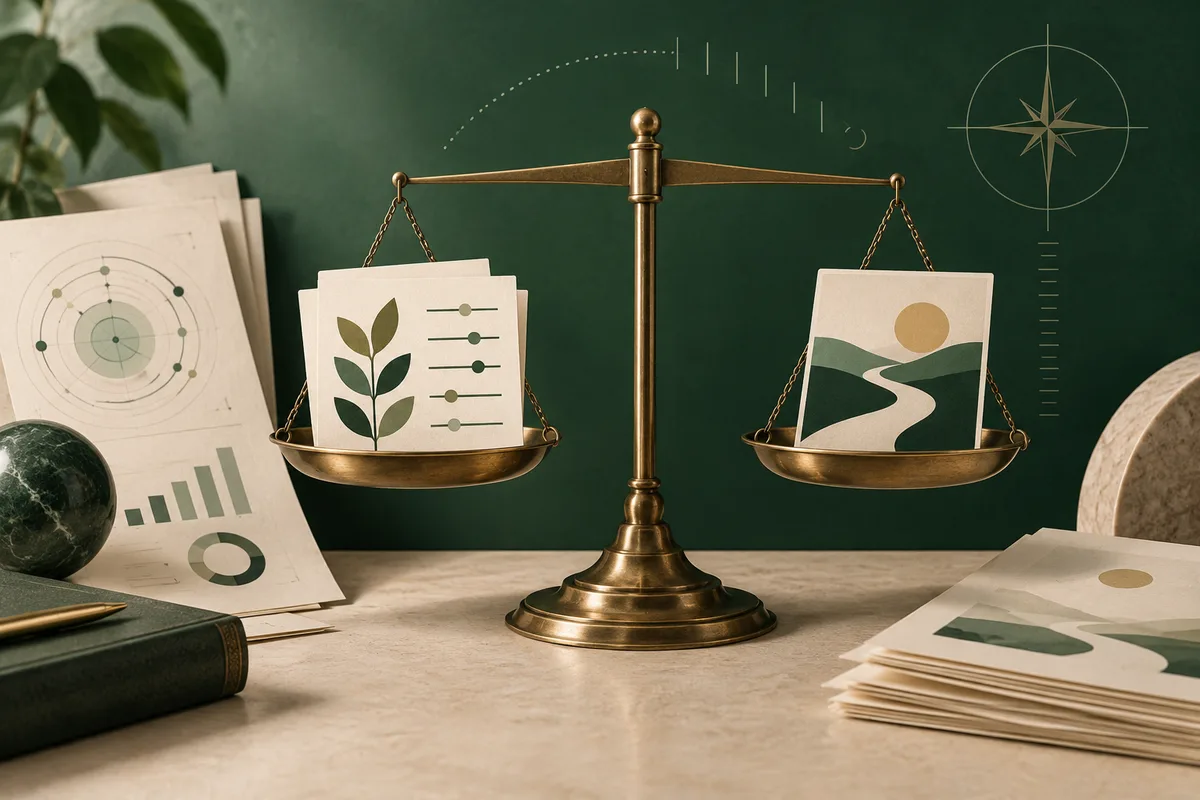 Brass balance scale holding cards with a leafy sprout and a winding path, beside papers with circular diagrams and charts.
