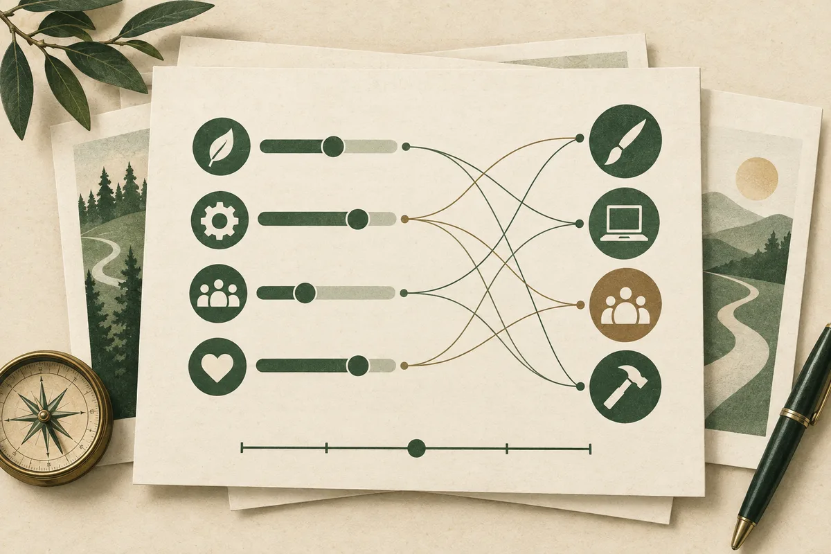Illustrated paper chart connects four slider bars and icons for a leaf, gear, people, and heart to icons for a brush, computer, people, and hammer.