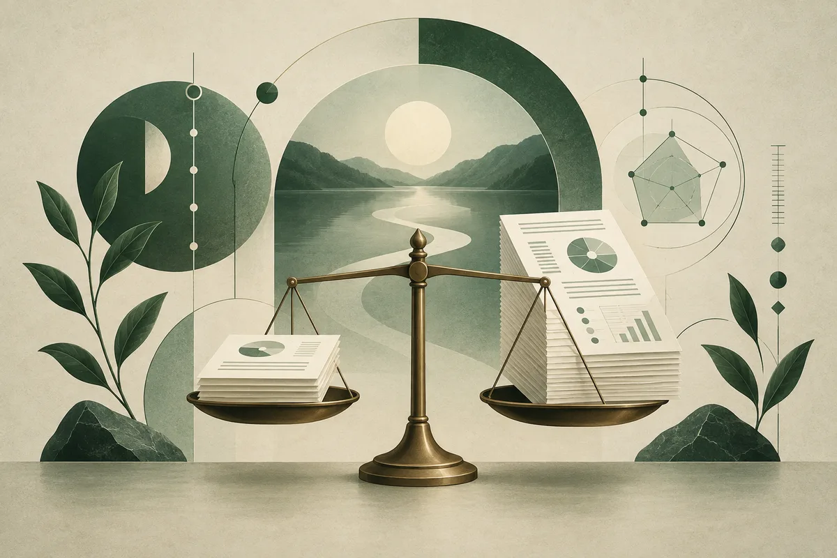 A balance scale holds a small stack of charts opposite a taller report stack, with a lake, plants and geometric diagrams behind it.