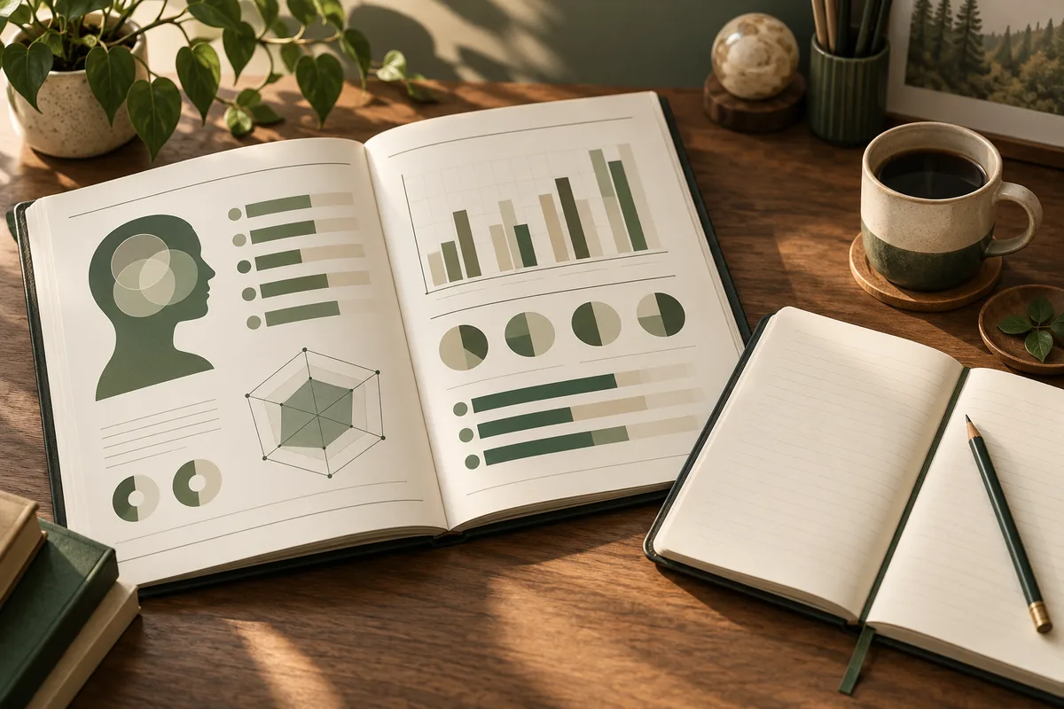 An open book displays an abstract profile silhouette and charts beside a blank notebook, pencil and cup of coffee.