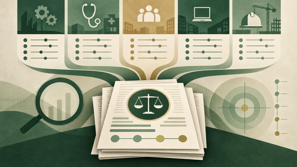 A stack of report pages with a scales-of-justice symbol sits beneath five illustrated panels showing gears, a stethoscope, people, a laptop, and a construction helmet. A magnifying glass and target flank the reports.