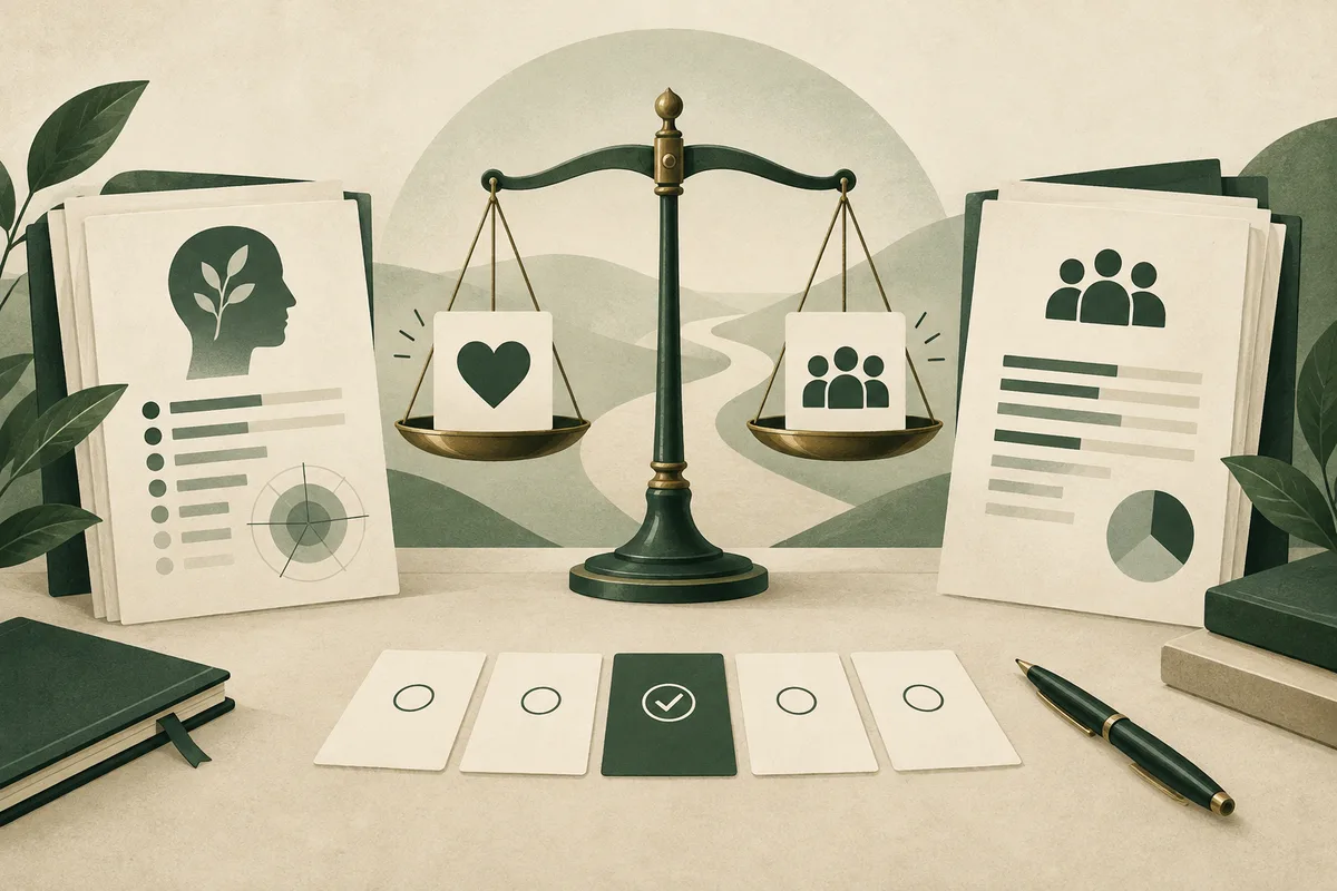 Illustration of a balance scale between two report pages, with a heart icon on one pan and a group icon on the other, surrounded by green leaves and check-mark cards.