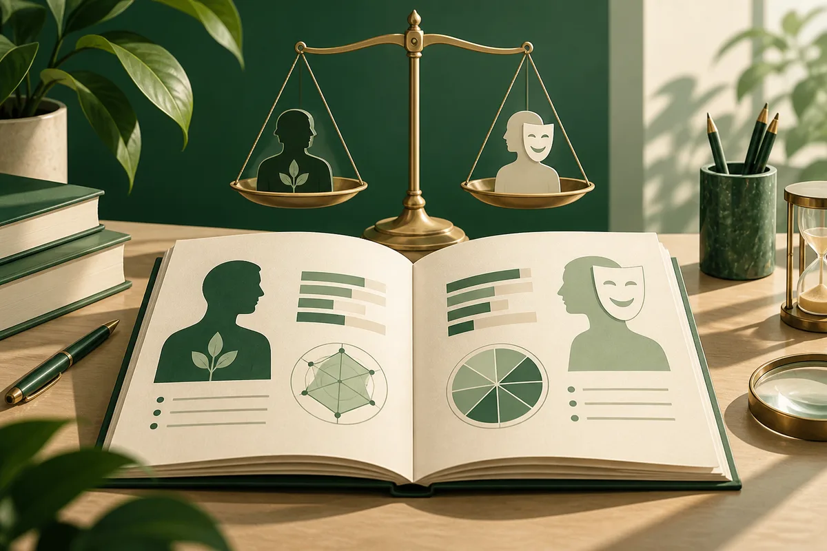 Open illustrated report book showing two profile silhouettes with charts, beneath a balance scale holding a dark silhouette and a smiling mask.
