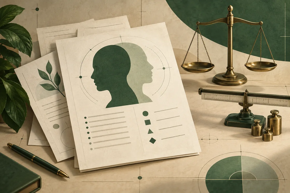 Illustration of overlapping profile silhouettes on a report sheet beside a balance scale, measuring scale, weights, charts, and leaves.