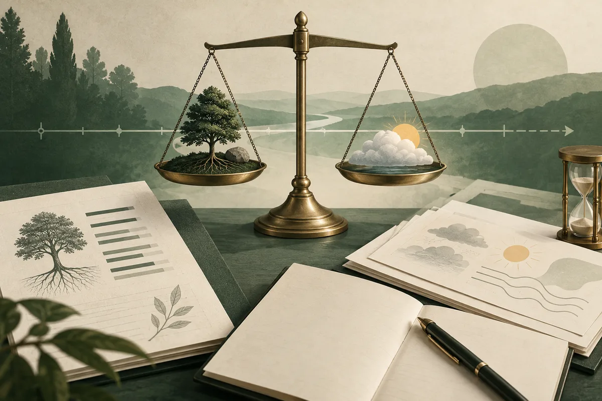 A brass balance scale holds a rooted tree on one pan and clouds with a sun on the other, with papers, a notebook, a pen, and an hourglass in the foreground.