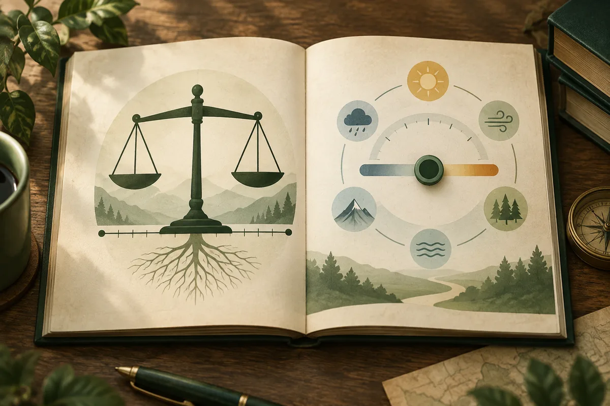 An open illustrated book shows a balance scale with roots on the left page and a central dial surrounded by sun, cloud, wind, mountain, water, and tree symbols on the right.