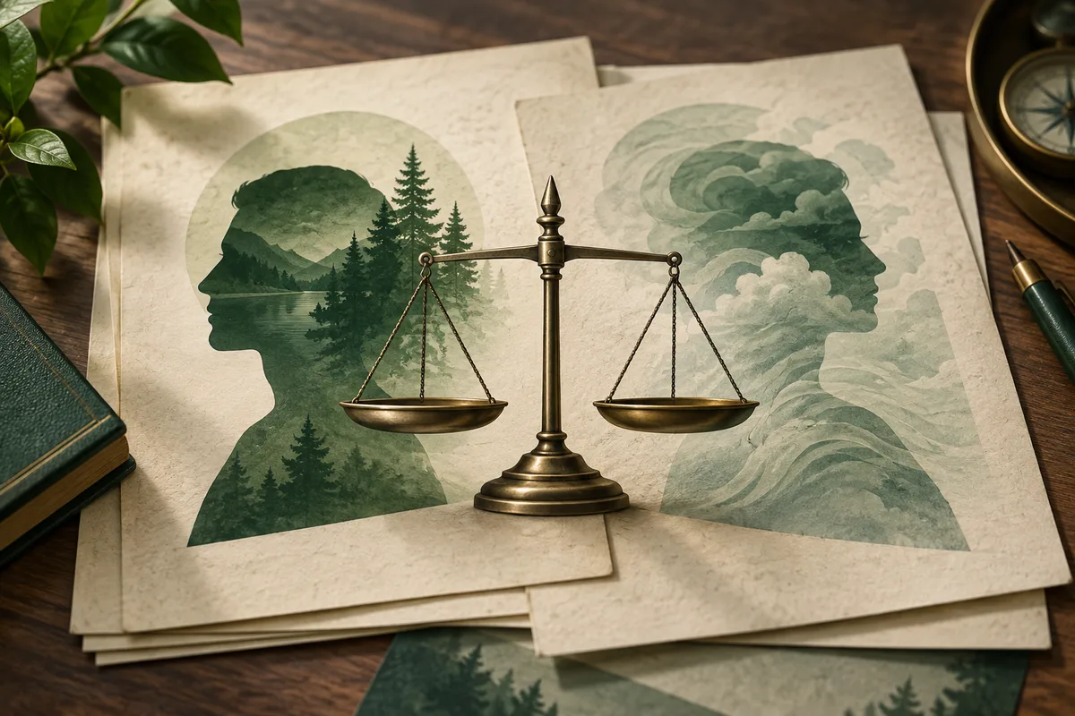 Two profile silhouettes filled with forest, lake, and cloud imagery surround a brass balance scale on overlapping papers.