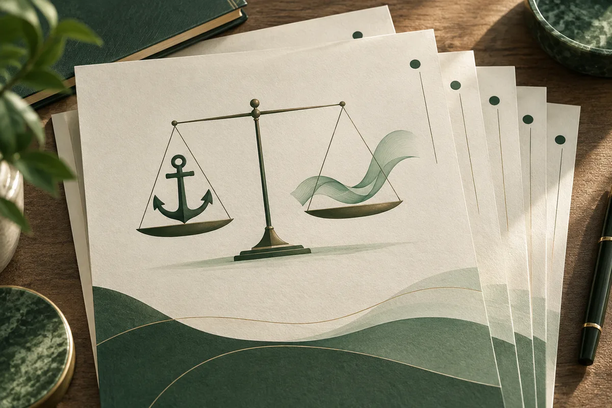 An illustration shows a balance scale with an anchor on one pan and a flowing ribbon-like shape on the other, on layered papers.