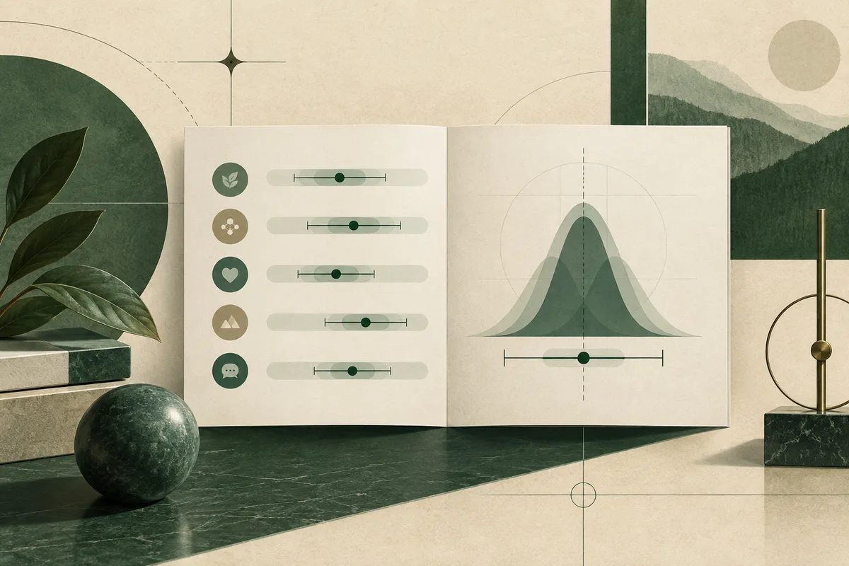 An open booklet displays rows of colored circular icons and horizontal range bars beside overlapping bell-shaped graphics with another range bar. It rests on a green-and-cream surface beside leaves, a dark sphere, a landscape print, and a geometric metal ornament.