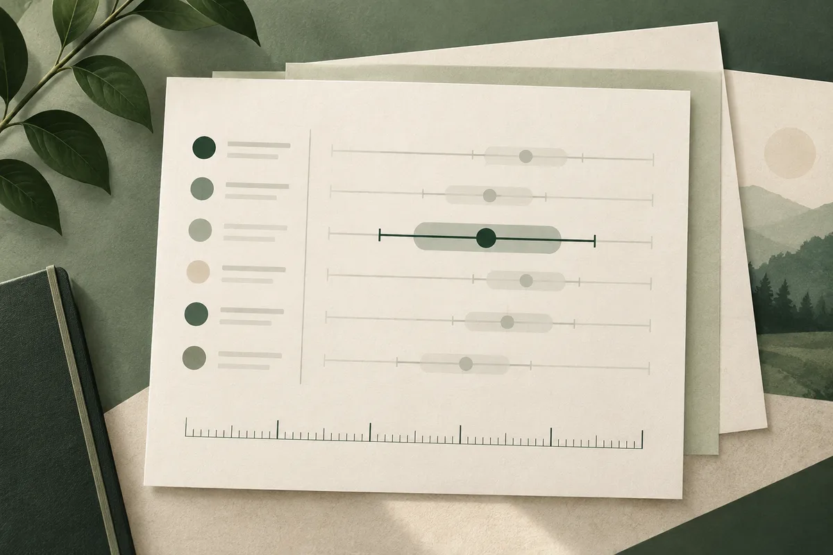 A sheet of paper on top of layered pages shows six colored dots, horizontal range bars, and a ruler-like scale along the bottom. Leaves, a dark notebook, and a landscape print surround the papers.