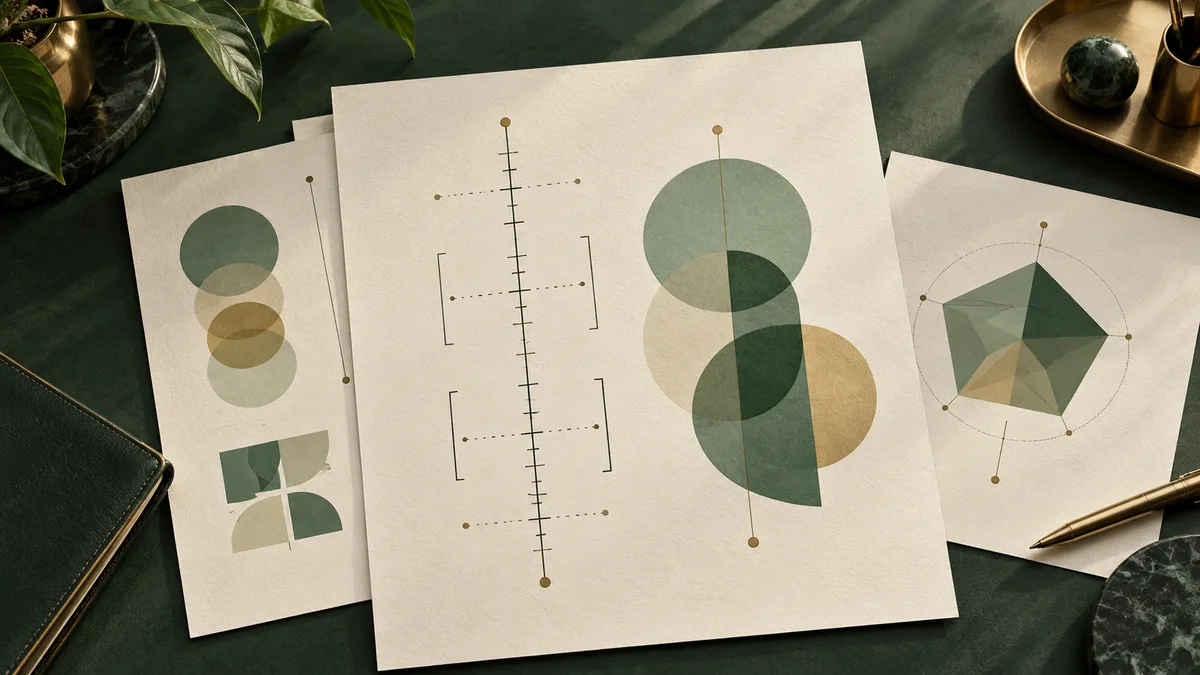 Cream sheets display abstract measurement lines, overlapping circles, and a faceted polygon in green and ochre.