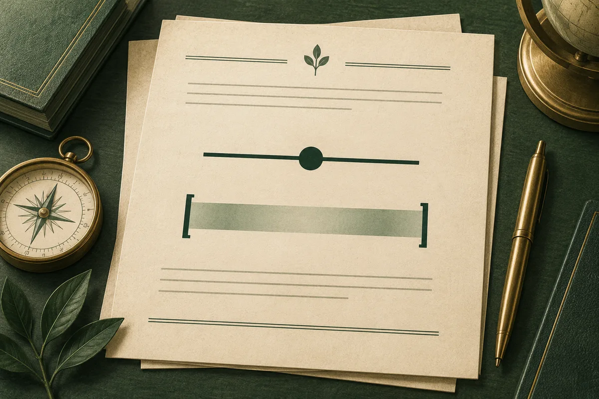 A cream report page shows a horizontal line with a central dot and a bracketed range, beside a compass and pen.