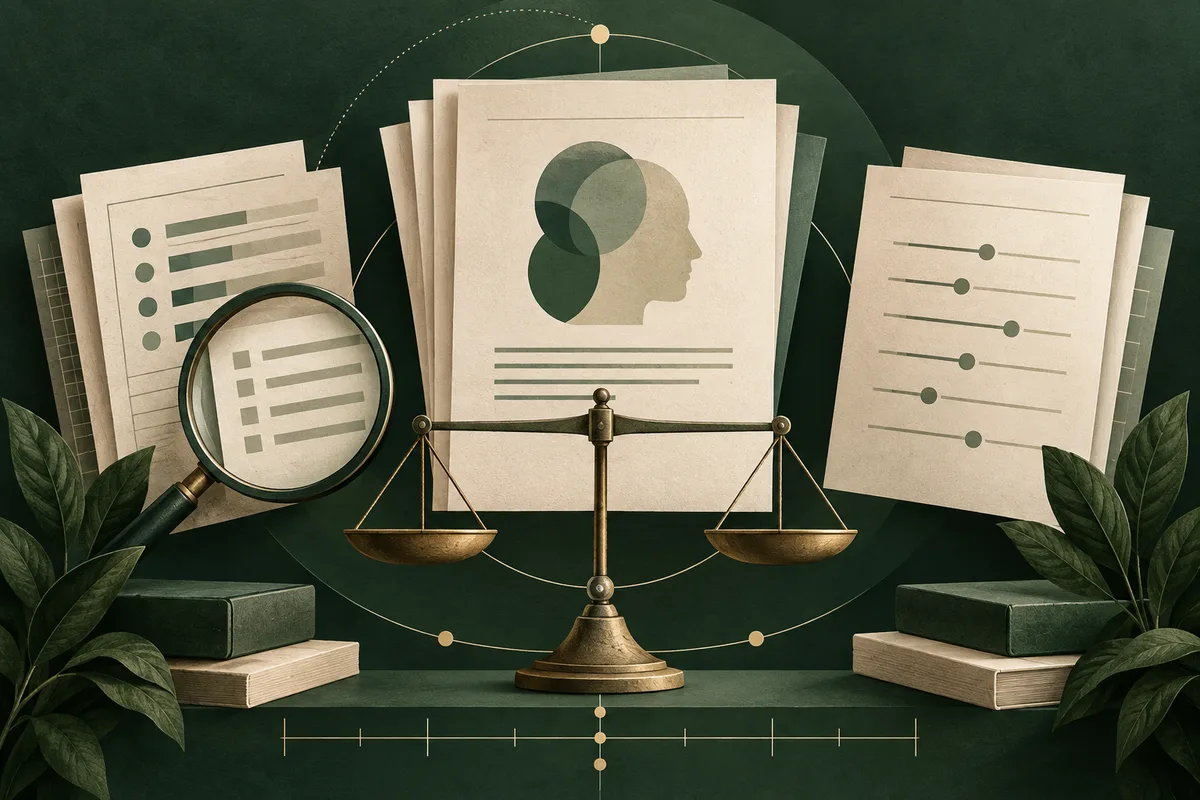 A brass balance scale sits before cream-colored report pages, including a head silhouette, bar rows and slider marks; a magnifying glass rests over one page against a dark green background.
