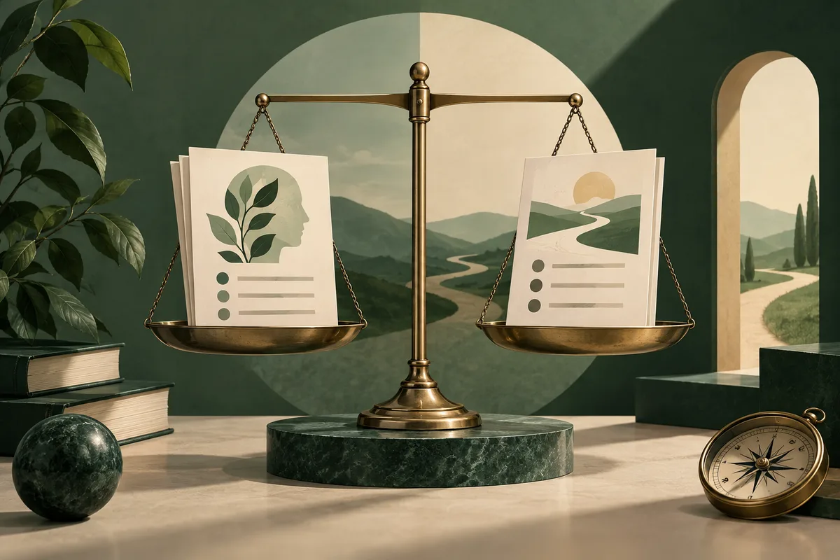 A brass balance scale holds two illustrated report pages, one with a leafy profile silhouette and the other with a winding road through green hills. Books, a compass, and a leafy plant sit nearby.