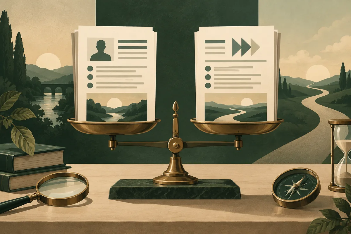 A brass balance scale holds two illustrated report pages, one with a person silhouette and the other with forward-pointing arrows. Books, a magnifying glass, a compass, and an hourglass sit on a desk, with hills and winding paths behind them.