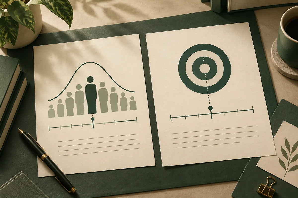 Two cream-colored sheets on a dark green surface show a row of person-shaped figures beneath a curved line and a concentric target with a marked point. A pen, books, plant leaves, coffee cup, and binder clip surround them.