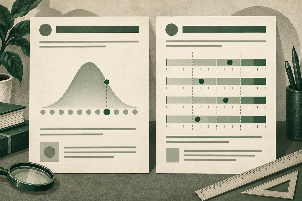 Two cream-colored sheets display abstract charts: a bell-shaped curve with marked points on the left and four horizontal scales with dots on the right. A magnifying glass, books, pencils, ruler, and triangular ruler sit around them.