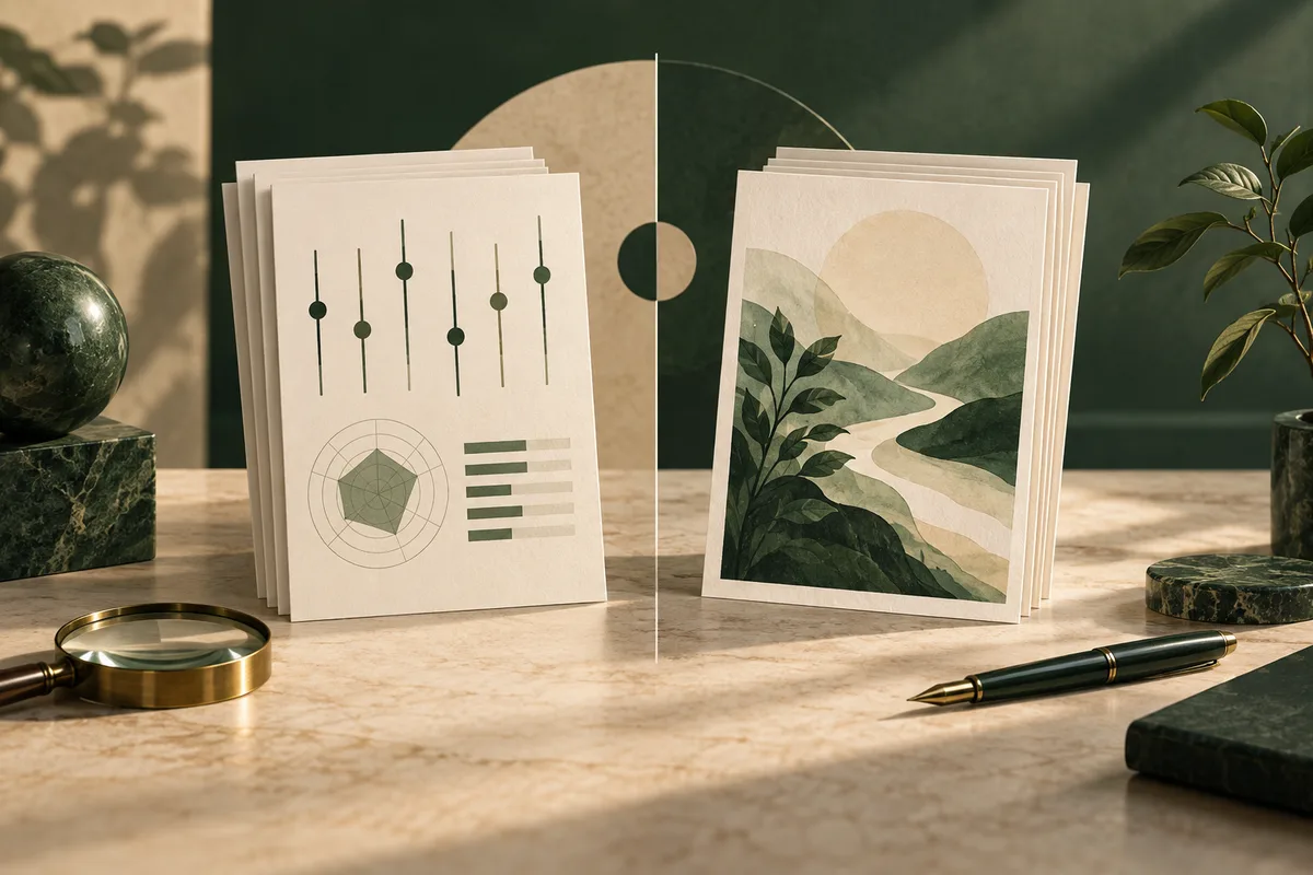 Two stacks of cream-colored pages sit on a marble desk. One page shows slider marks, a polygon chart, and bars; the other shows a stylized landscape. A magnifying glass and pen lie nearby, with a leafy plant against a dark green background.