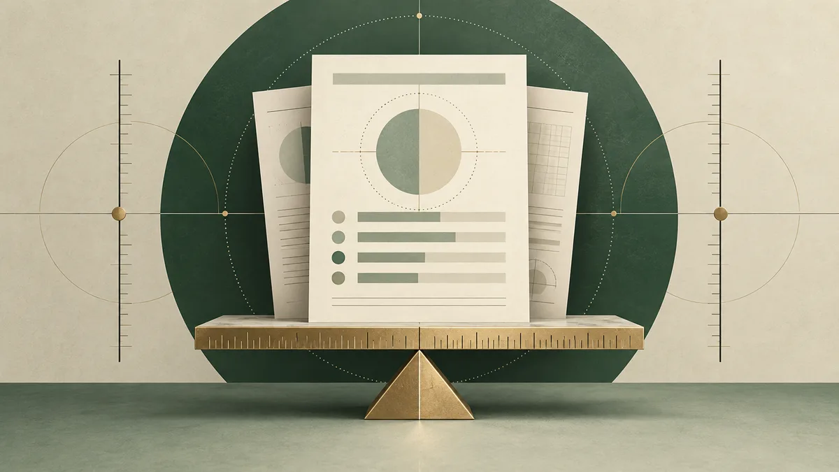Three report pages with a semicircle chart and horizontal bars sit behind a ruler balanced on a triangular fulcrum, against a dark green circle and fine measurement lines.