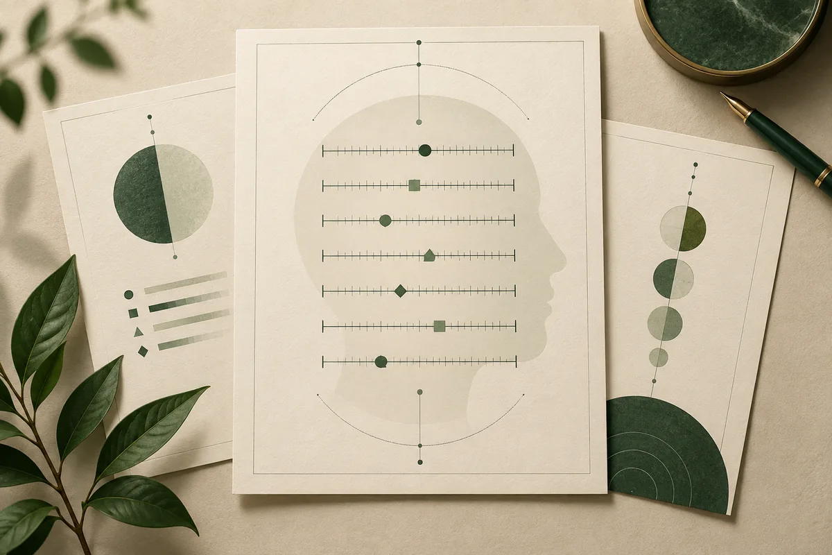 Cream papers show a pale side-profile head with seven ticked lines and green markers; nearby sheets have circle and bar diagrams, with leaves and a green pen around them.