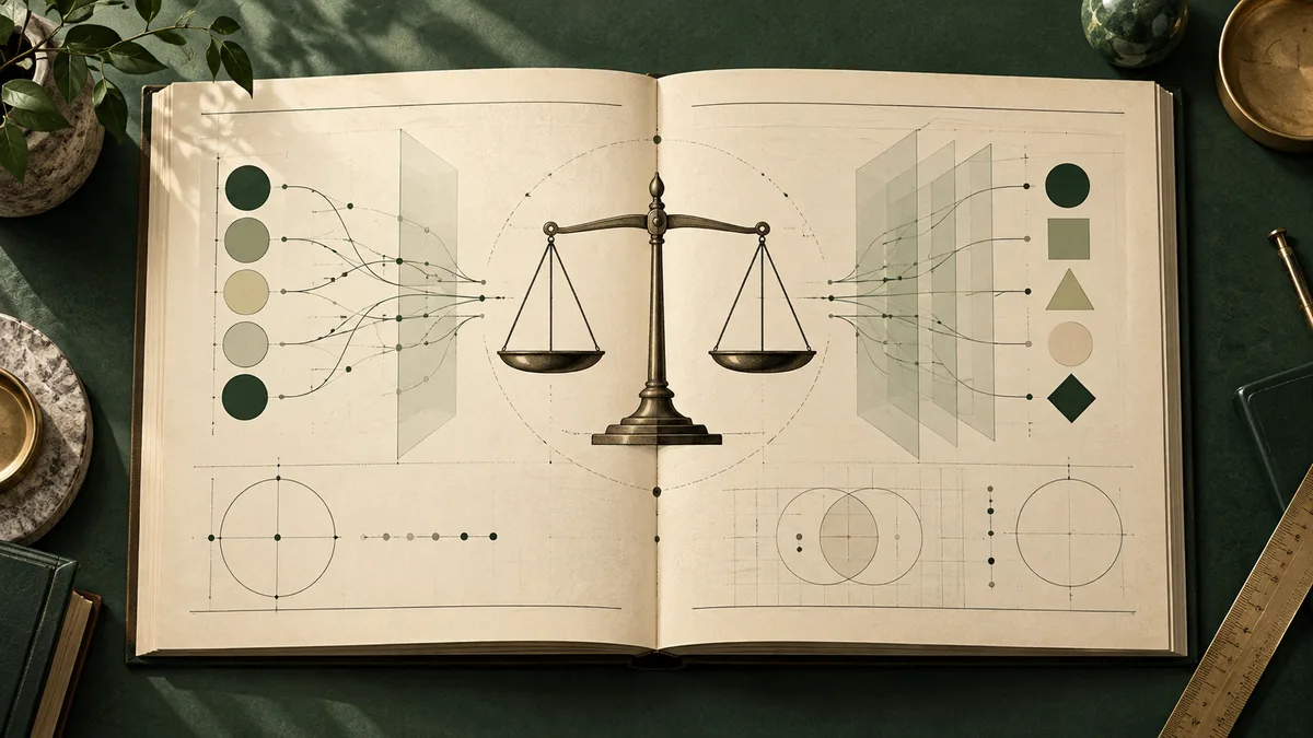 An open illustrated book displays a balanced brass scale, branching lines, colored circles and geometric shapes on cream pages against a dark green surface.