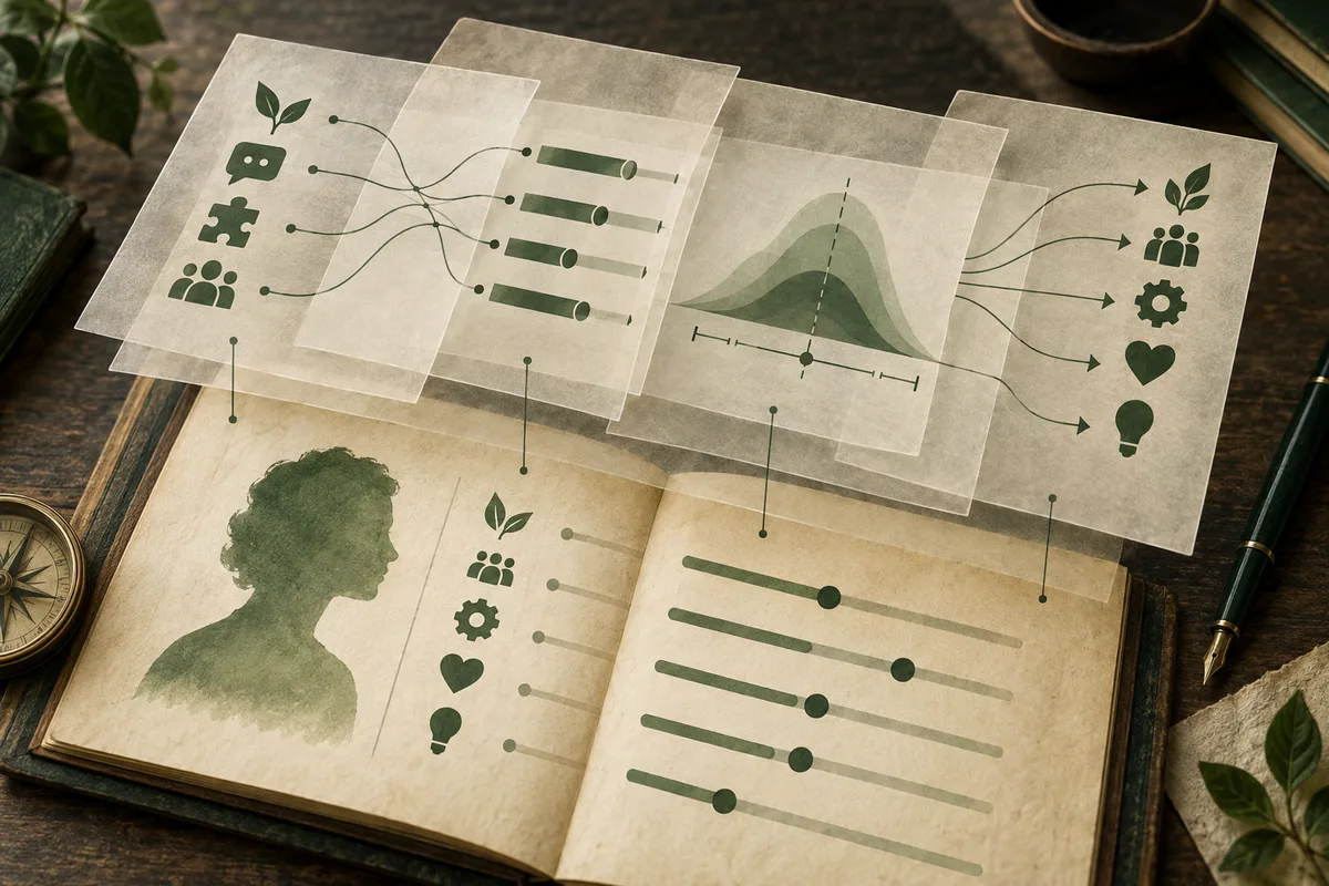 An open book shows horizontal bar indicators and a profile silhouette beneath translucent sheets with branching lines, icons and a bell-shaped graph.