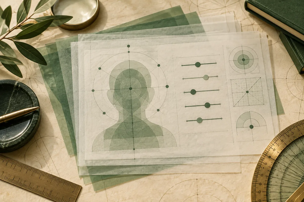 Layered translucent sheets show a green human-shaped figure, horizontal indicators with dots, and circular, square and semicircular diagrams.