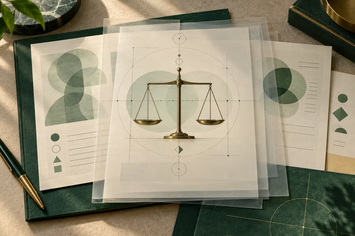 Translucent sheets arranged on green books show a centered brass balance scale, overlapping abstract profiles, circles, geometric shapes and lines.