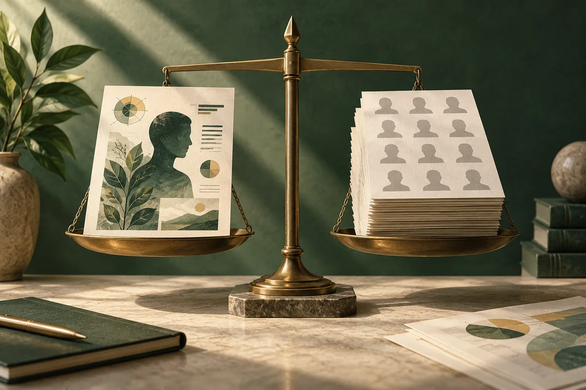 A brass balance scale holds a profile report on one side and a stack of repeated silhouette reports on the other.