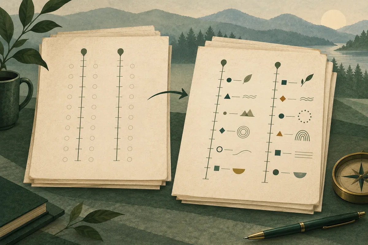 Two parchment sheets show vertical scales and abstract symbols, with an arrow pointing from the mostly blank sheet to the marked sheet.