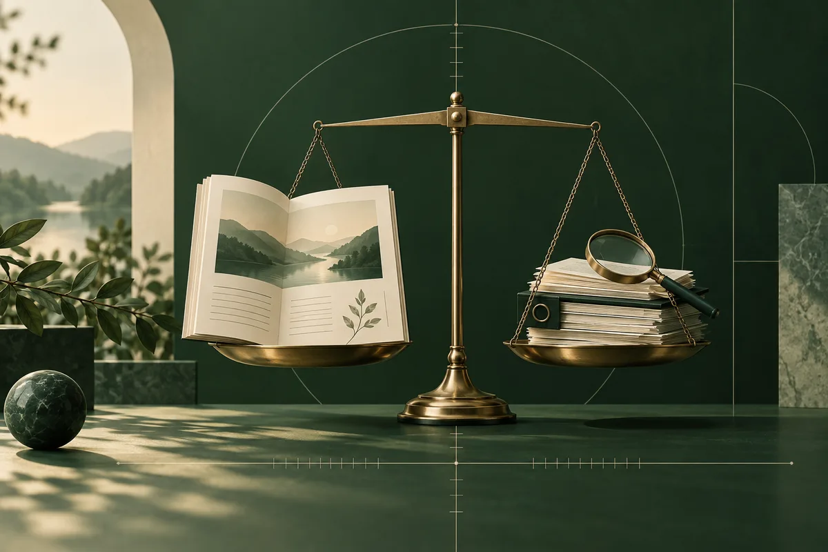 A brass balance scale holds an open illustrated book on one side and a stack of papers with a magnifying glass on the other, against a dark green backdrop.