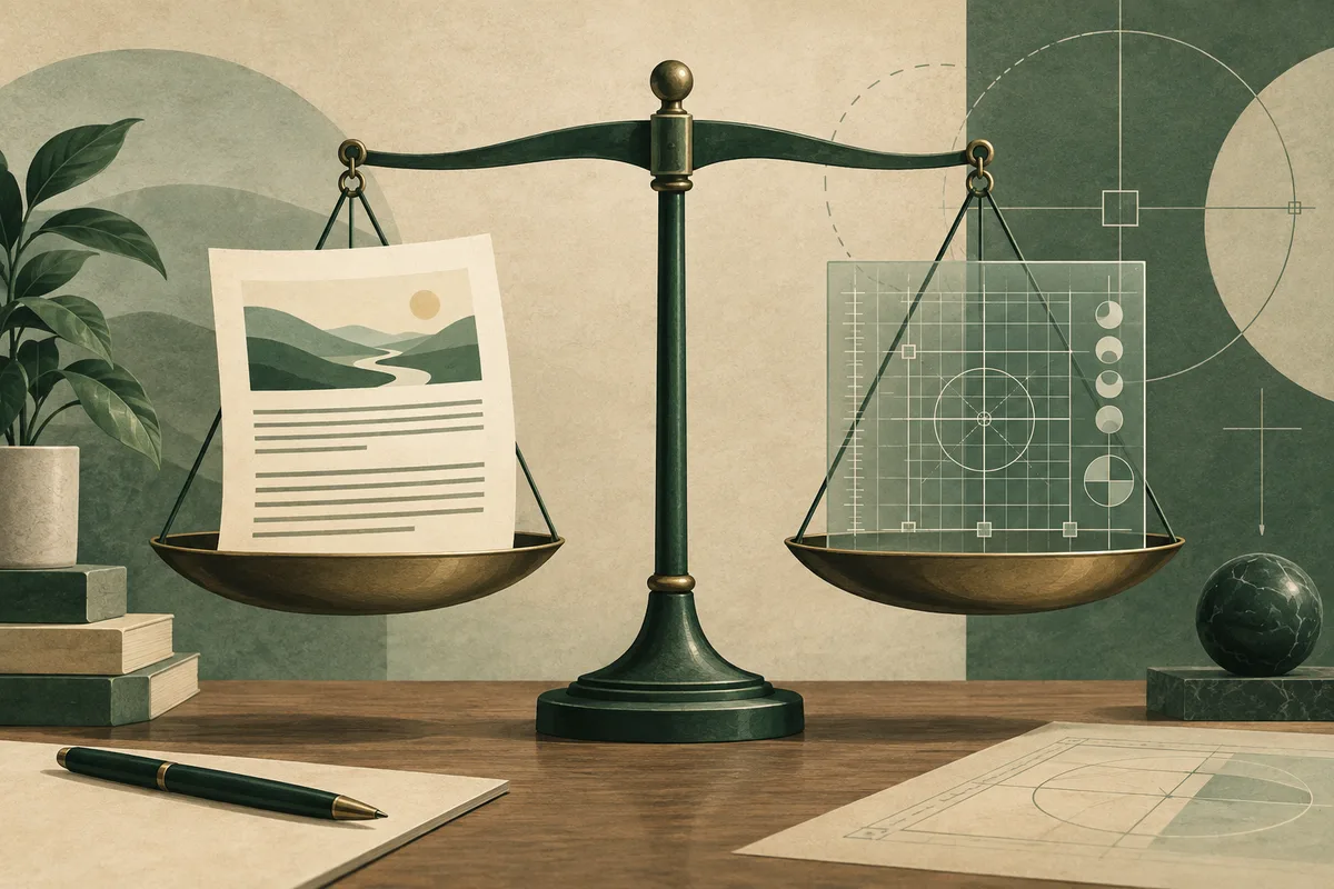 A balance scale holds a report page with a landscape illustration and a translucent geometric measurement diagram.