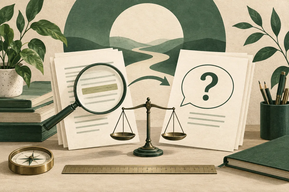 A magnifying glass highlights a line on report pages beside a balance scale and a page with a question mark.