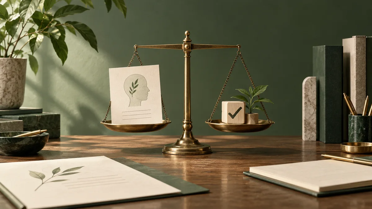 A brass balance scale on a desk holds a profile card with a leaf motif on one side and a wooden checkmark block beside a small plant on the other.