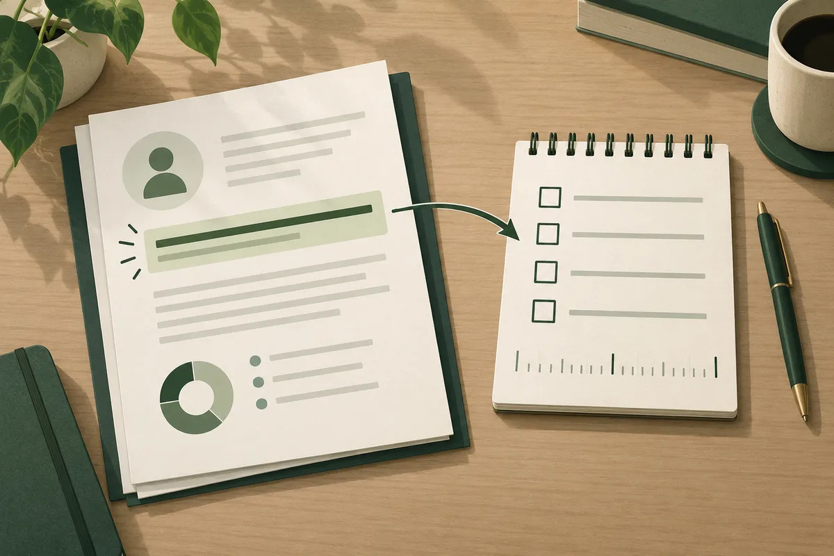 A report page with a profile icon, highlighted line, and circular chart points by an arrow to a spiral checklist, with a pen beside it.