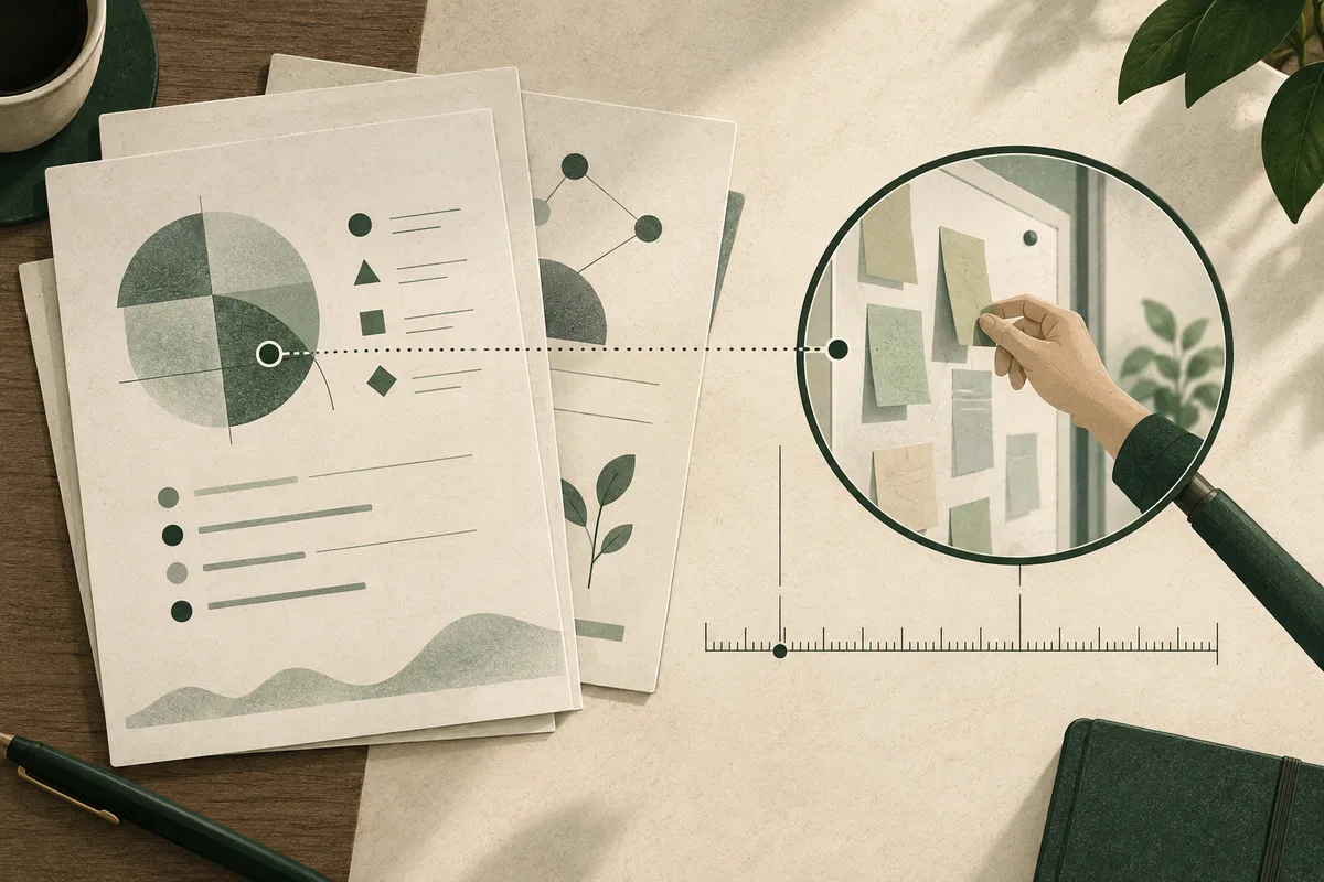 Overlapping report pages show charts and geometric symbols beside a magnifying glass enlarging a hand pointing at a small chart; a dotted line connects the report to the magnified area, with a ruler below.