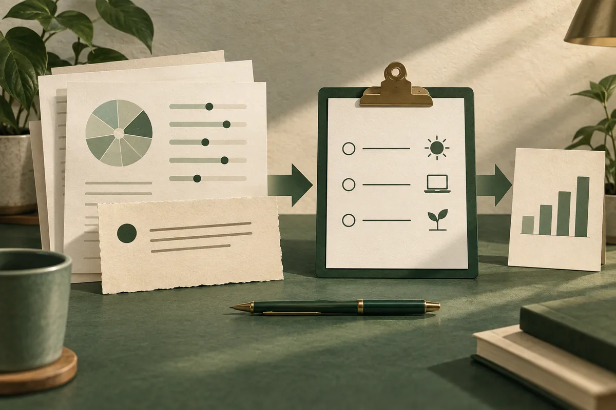Papers with charts point toward a clipboard showing simple icons, followed by a rising bar chart on a green desk.