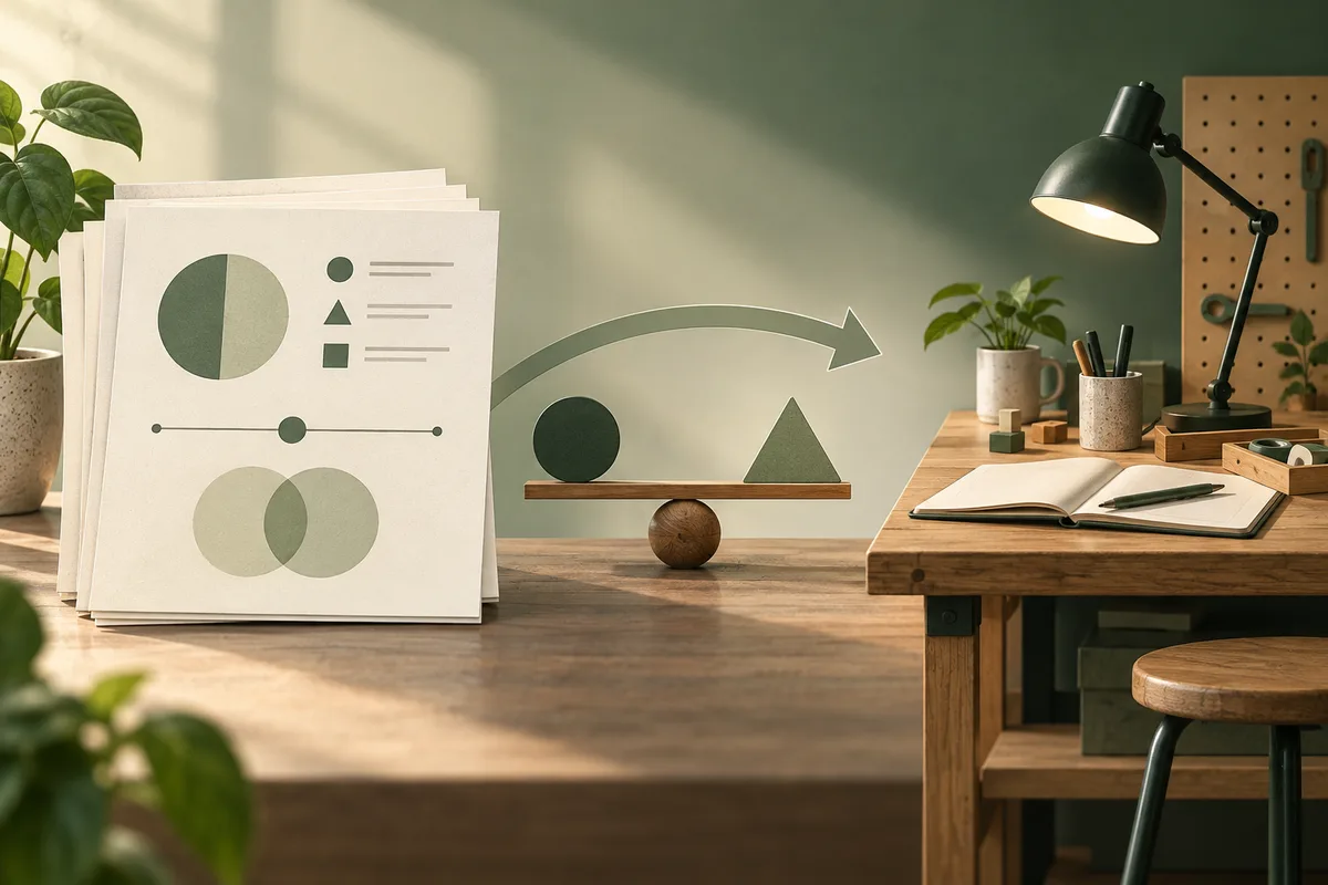 Illustrated report pages with simple charts point toward a small balance holding a circle and triangle, beside a desk with an open notebook, lamp, and potted plants.