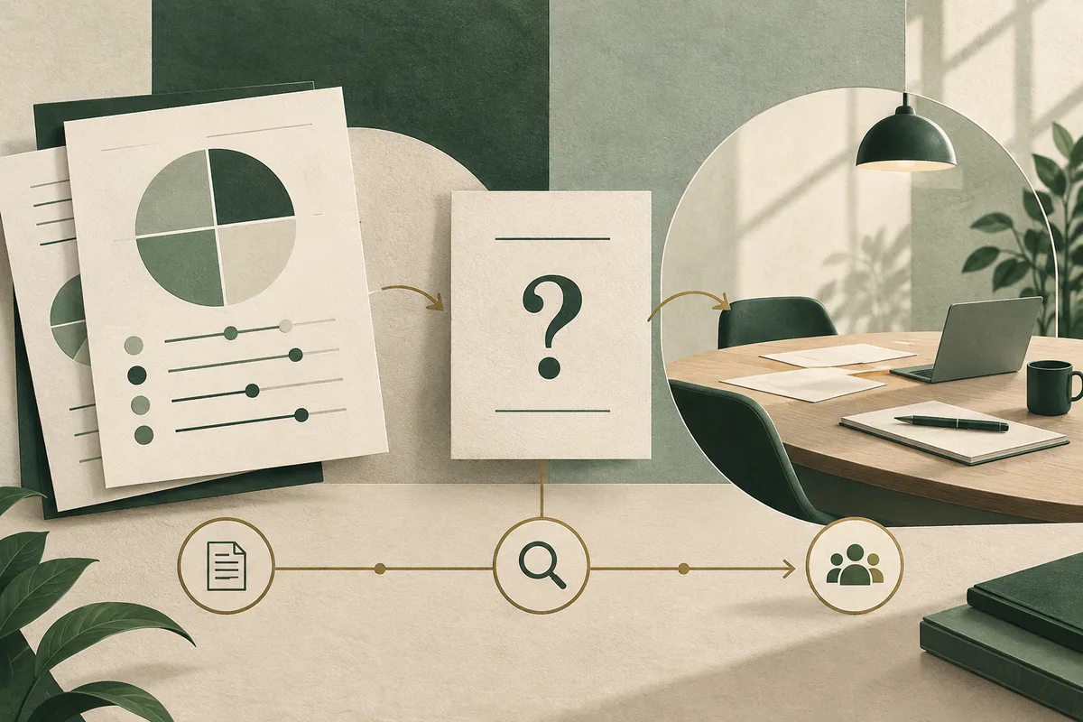 Illustrated report pages with a pie chart and slider scales point through a question-mark card toward a desk with a laptop; document, magnifying-glass, and group icons run along the bottom.