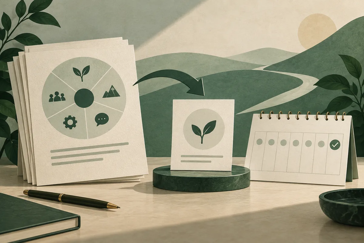 Illustrated report pages with a segmented circular graphic, a sprout card, and a weekly grid with one checked box, beside a pen.