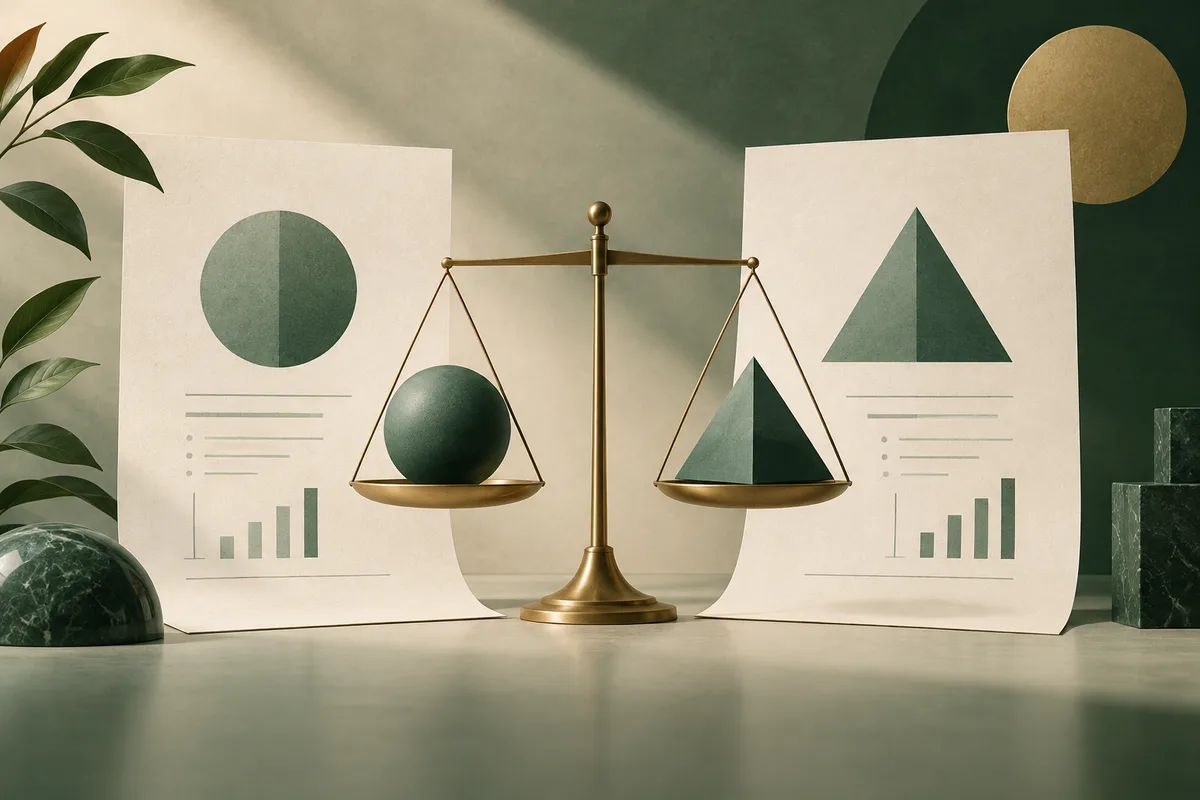 A brass balance scale holds a green sphere on one side and a green pyramid on the other, between two report pages with simple charts.