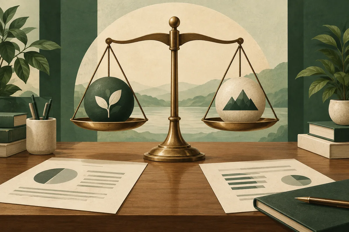 A brass balance scale holds a dark green sphere with a leaf symbol and a cream sphere with a mountain symbol. Report sheets with charts lie on a wooden desk, with books and potted plants at the sides.