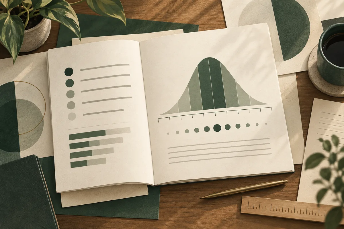 An open report displays a bell-shaped curve, rows of dots and bars, beside a ruler and pen on a wooden desk.